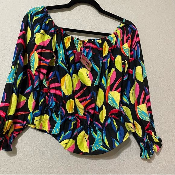 Tabitha Brown Target Black Lemon Blouse S Beachy Vacation Tropical Off Shoulder - Picture 9 of 10